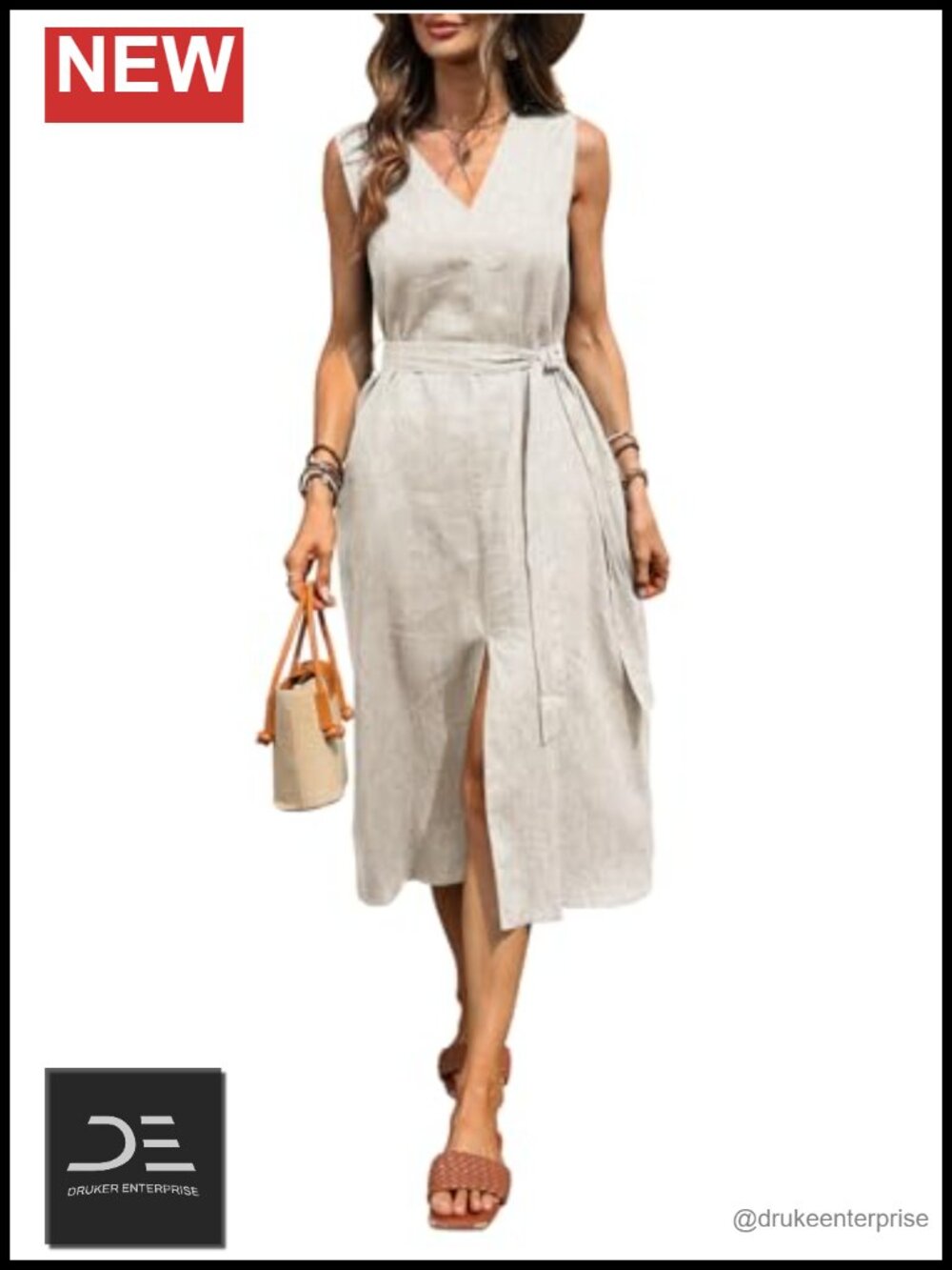 100% Linen Midi Dress V Neck Sleeveless Tie Waist Side Slit Summer with Pockets